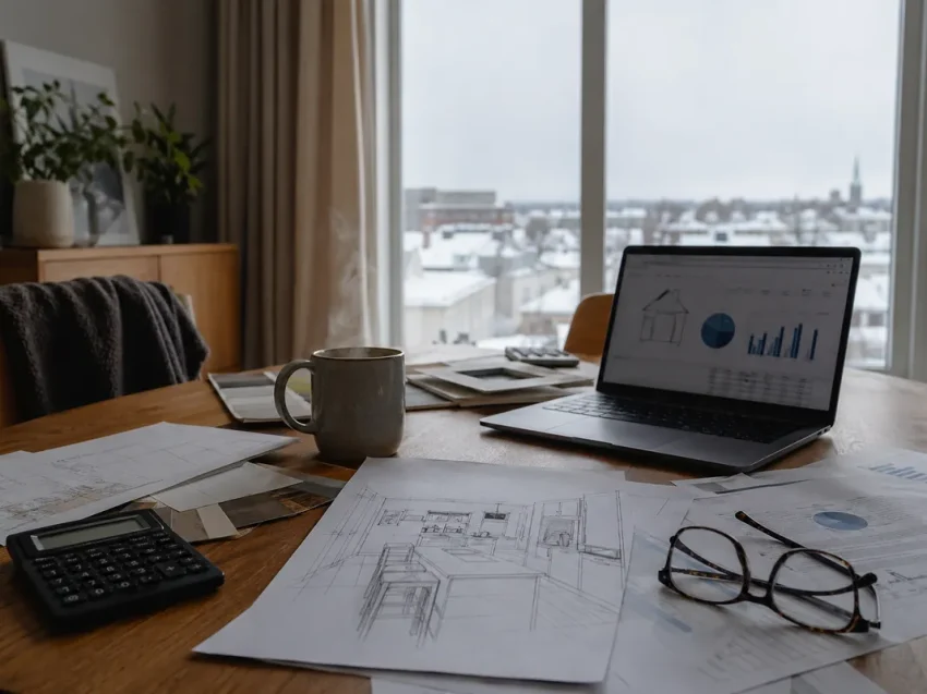 Renoveringsplanering på köksbord med dokument och laptop i Umeå lägenhet